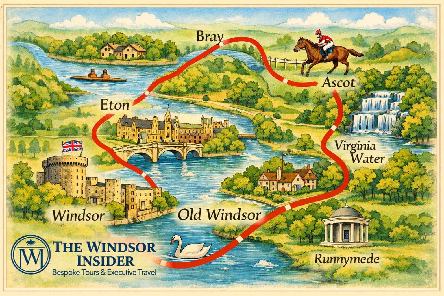 Illustrated map of the Windsor Insider private driving tour and its key locations